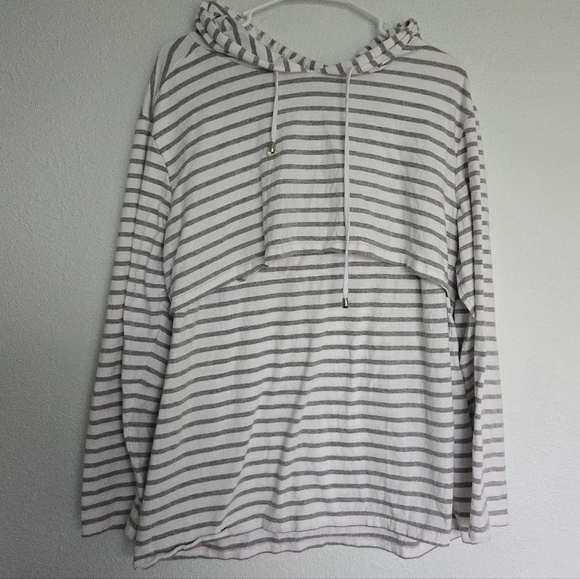 Ginkana Tops - Striped Long Sleeve Top Maternity Breastfeeding - Gray and White